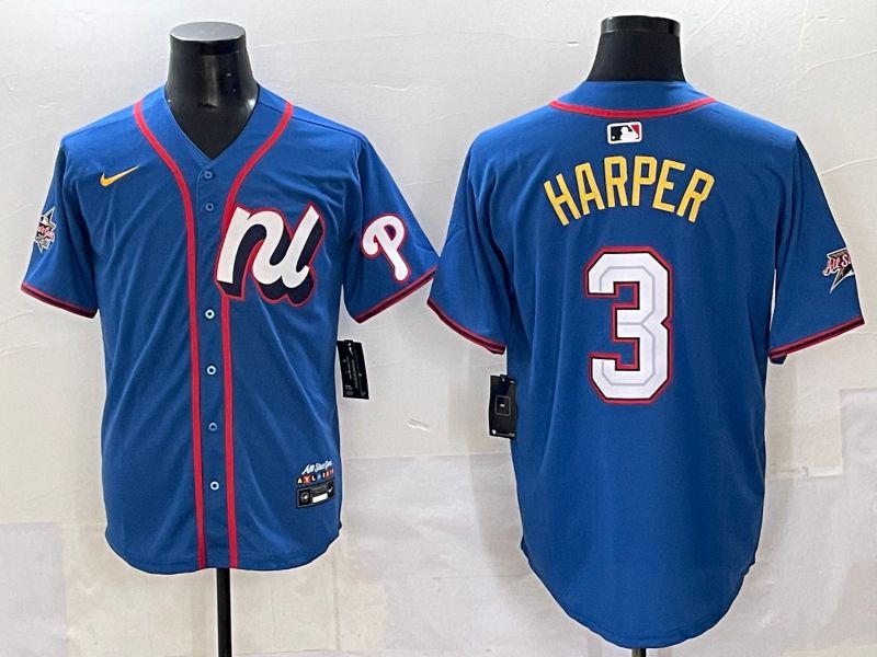 Men 2025 Philadelphia Phillies 3 Harper Blue All star Nike MLB Jersey style 01